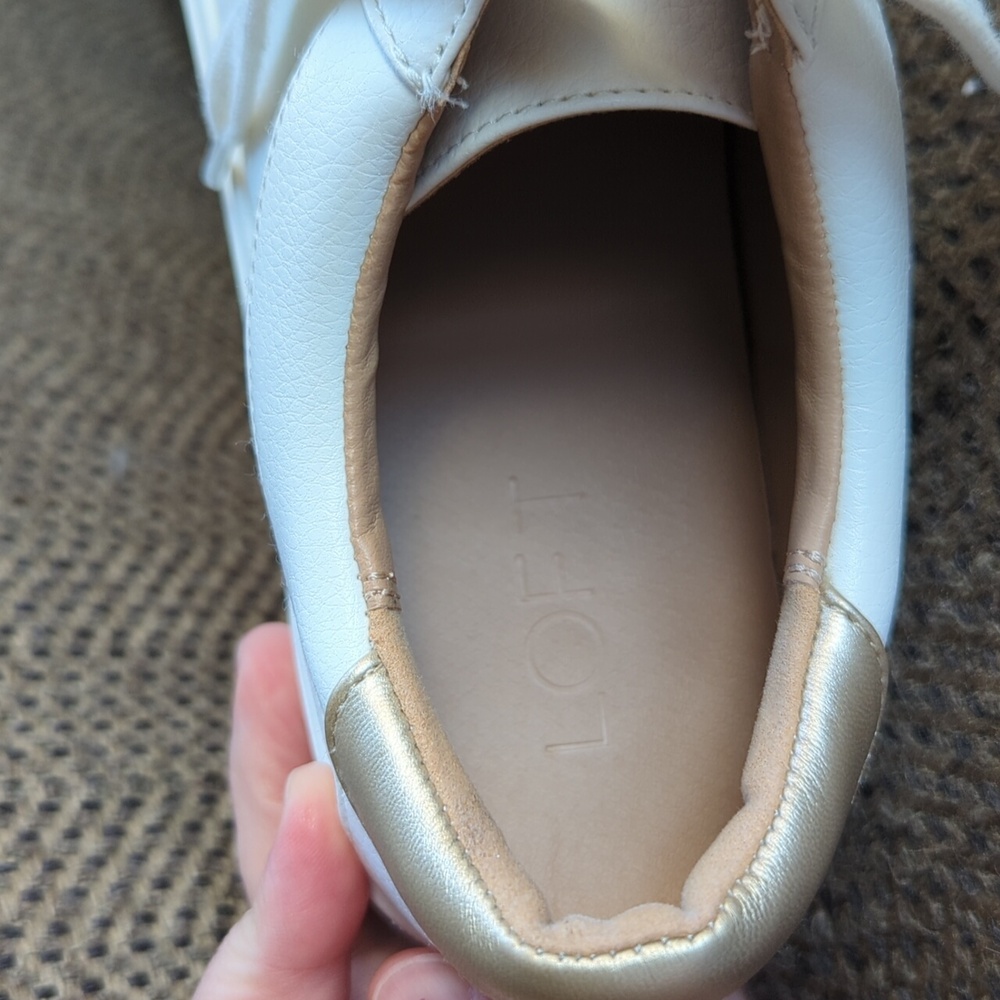 White Lace-Up LOFT Sneakers with Champagne Accents, Sz 9 - Picture 3 of 7